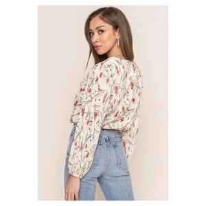 ASTR • Pleated Surplice Floral Long Sleeve Top in Ivory Coral Sketch